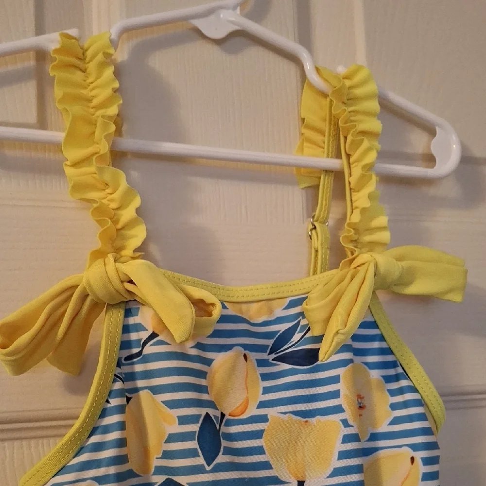 Yellow Floral and Blue Striped Swimsuit
